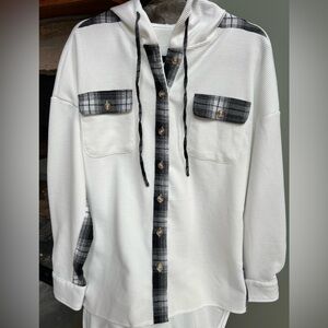 White with Black Plaid accents button down waffle shirt/shacket. With hood.